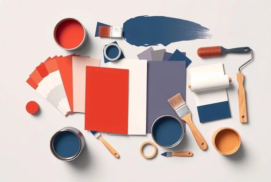 Pots de peinture, nuancier, brosses et rouleaux disposés à plat