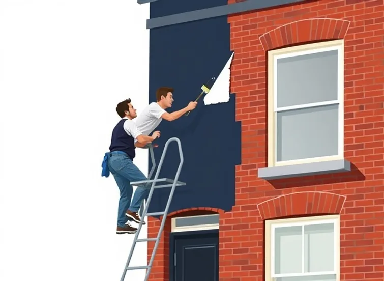 Peintre sur échafaudage traitant la façade d'une maison