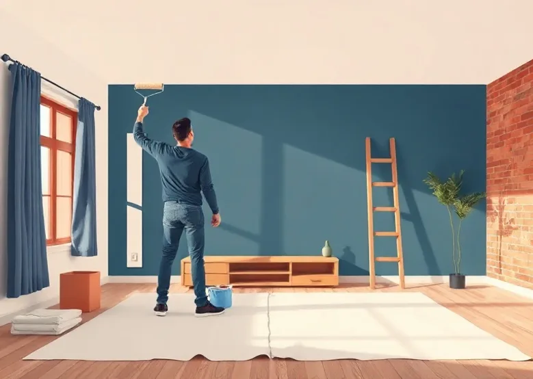 Peintre appliquant la peinture au rouleau sur un mur de salon